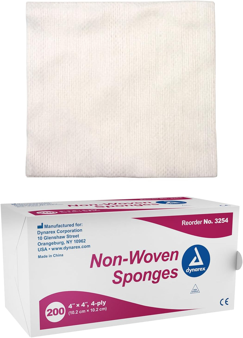 Dynarex Non-Woven Sponges, Non-Sterile, Gauze, for Cleansing, Prepping and Dressing, Highly-Absorbent, Less Linting, 4"x 4", 4 Ply, 1 Box of 200 Sponges (Packaging May Vary)