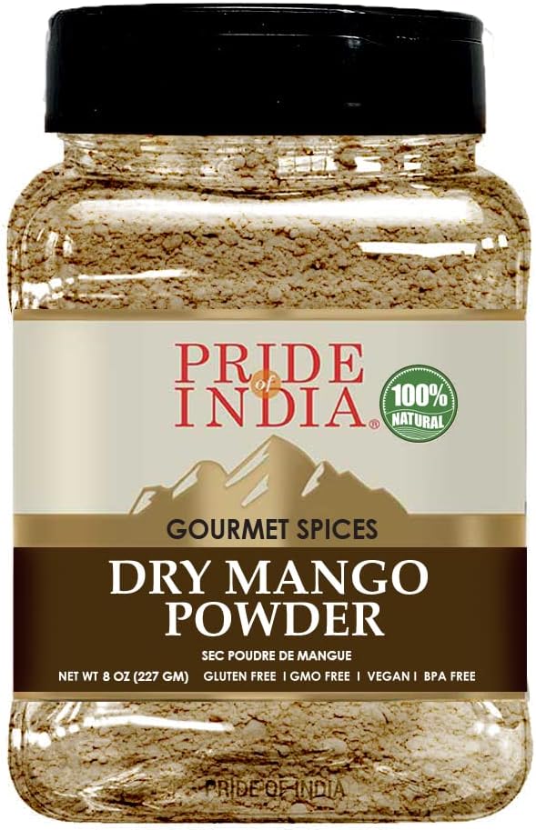 Pride of India Dry Mango Powder 8 oz | Gourmet Amchur Powder Ground Spice | Aromatic, Tangy & Savory Mango Seasoning for Cooking, Baking, Marinades, Curry, Sauces & Chutney | No Fillers, Easy to Use