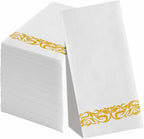 JEBBLAS 50 Disposable Hand Towels, Soft and Absorbent Linen Feel Dinner Napkin, Decorative Napkins for Parties, Weddings, Events or Everyday, Gold and White