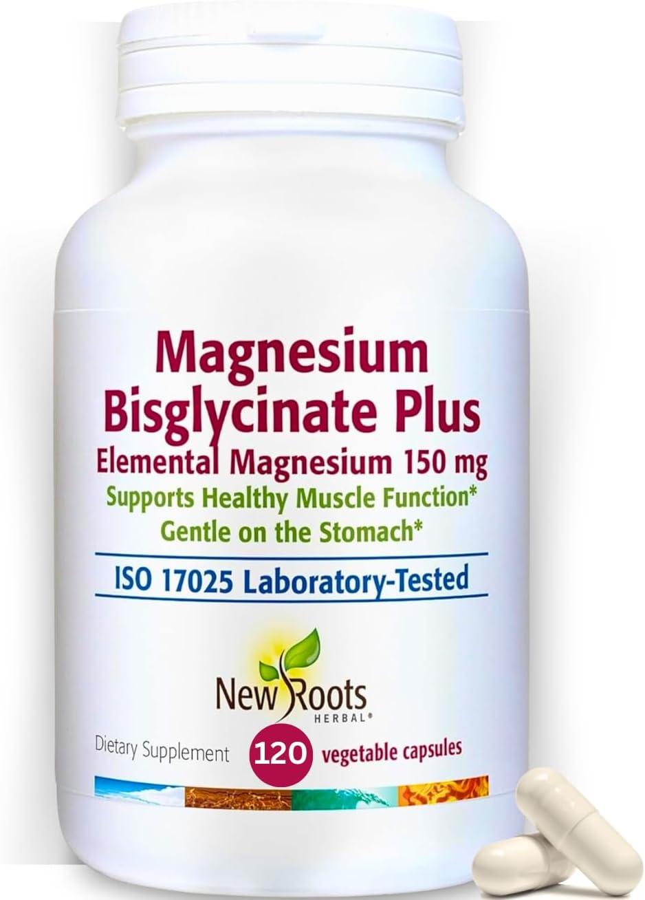New Roots Herbal Magnesium Bisglycinate Plus, 120 Veggie Capsules 60-Day Supply - 150mg Elemental Magnesium, Supports Active Living, Non-GMO, Gluten-Free, Gentle on Digestion with Superior Absorption