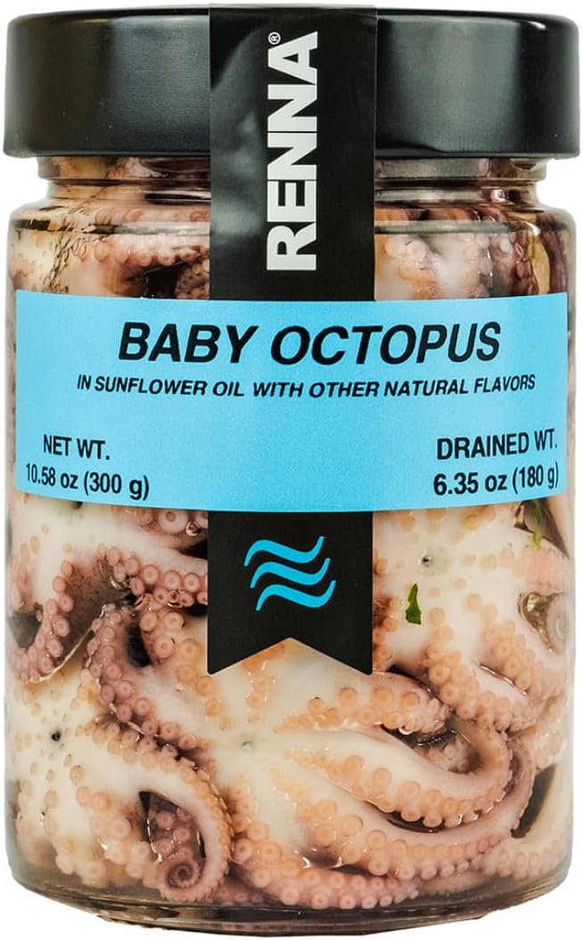 Renna, Baby Octopus, Small Octopus preserved in oil (10.58 oz), Premium Imported Seafood, Mediterranean flavor, Product of Italy