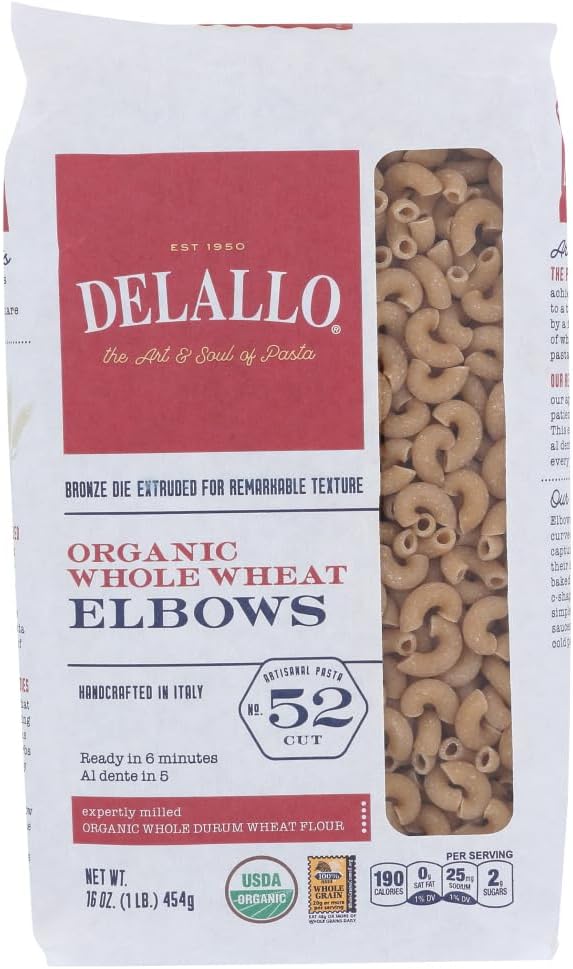 DeLallo, Elbows No. 52, 100% Organic Whole Wheat Pasta, 16 oz (454 g)(Pack of 3)