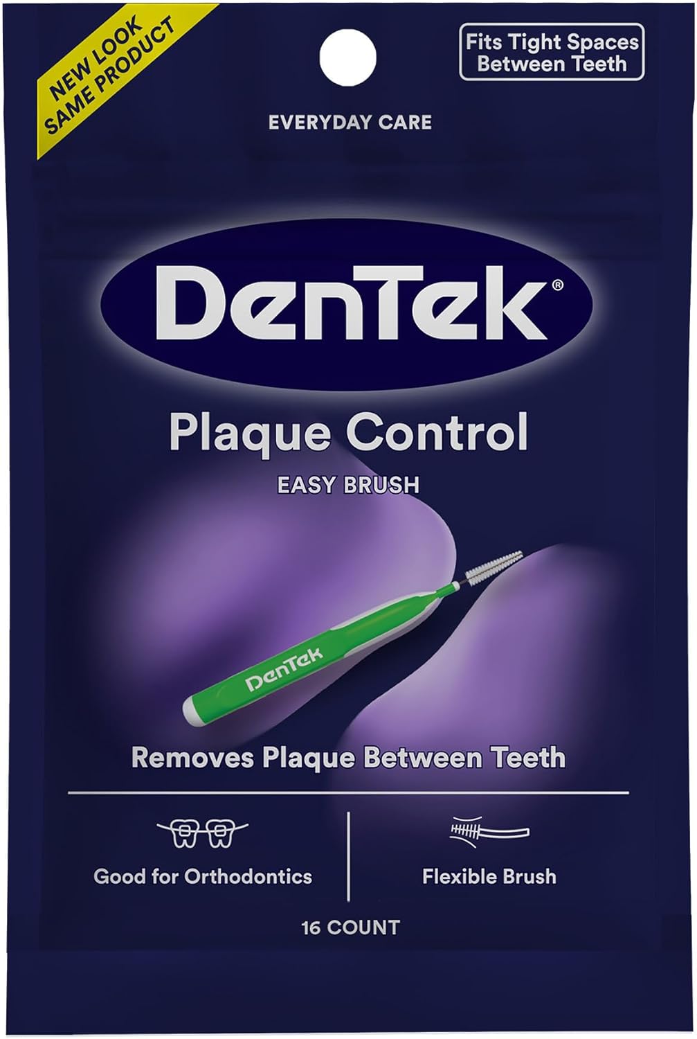 Dentek Plaque Control Interdental Brushes - Tight, 16 Count - Easy-Brush Interdental Plaque Remover with Fluoride - Cleans Tight Spaces Around Teeth, Braces & Other Dental Appliances