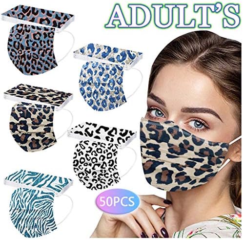 50 Pack Leopard Disposable Face Mask for Adults, Fashion 3-Ply Breathable Earloop Full Face Protection for Women & Men