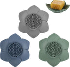 H&R 3 Pack Silicone Soap Holder, Bathroom Soap Tray with Drain, Lotus Shaped - Blue, Green, Grey
