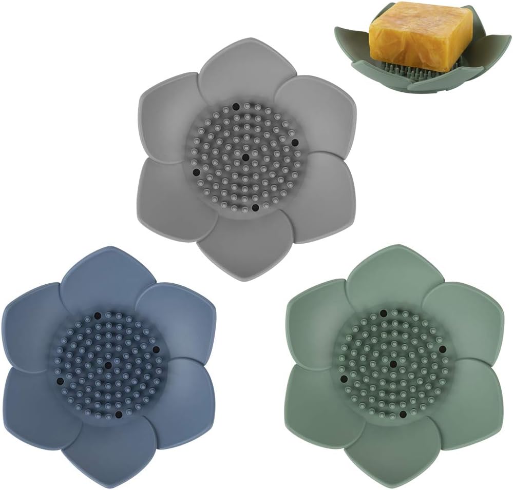 3 Pack Soap Dish Holder, Bar Soap Tray with Drain, Lotus Silicone Soap Saver Case for Shower Bathroom (Blue, Green, Grey)