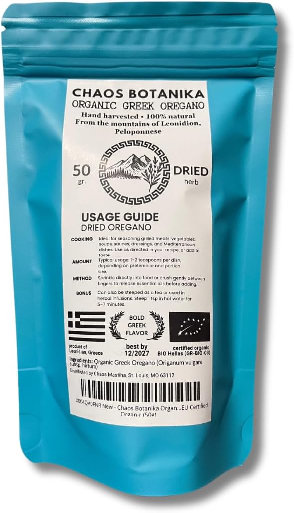 Chaos Botanika Organic Greek Oregano – Loose Leaf Oregano from the Mountains of Leonidion, Greece – 100% Natural, Hand-Harvested, EU Certified Organic (50 Gram Resealable Pouch)