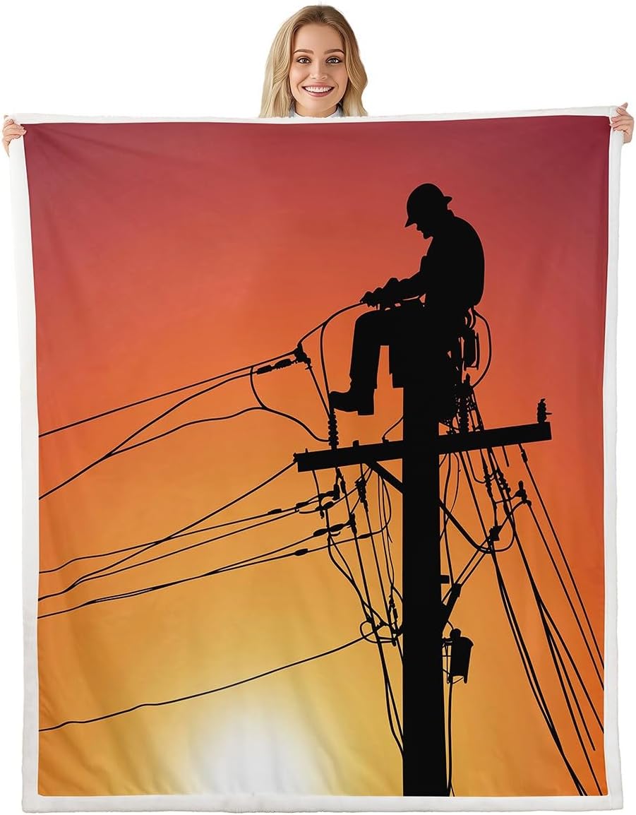 Erosebridal Lineman Blanket Boys Men Electrician Lineman Silhouette Print Fuzzy Blanket European Style Throw Blanket Sherpa Blanket for Men Soft Fleece Blanket 60”x80”