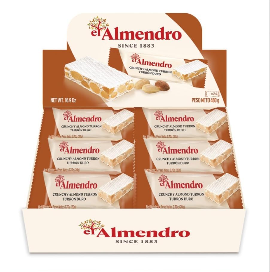 Crunchy Almond Turron Nougats From Spain, Traditional Spanish Candy Individually Wrapped, 24 Turron Blando Bars By El Almendro, Dessert, Gluten Free, Easter Candy Basket Stuffers For Adults