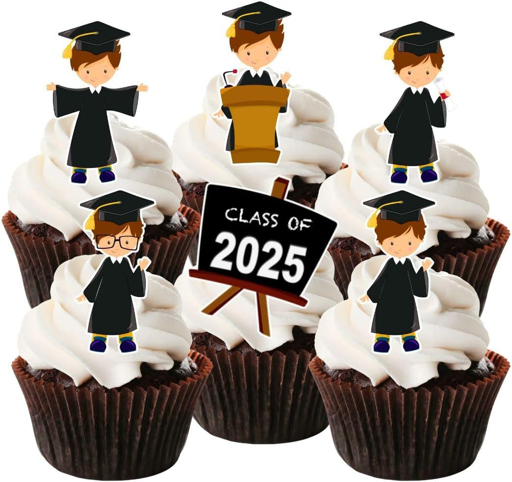 Graduation Boy #1 Edible Cupcake Toppers - Stand Up Wafer Cake Decorations (Pack of 24)