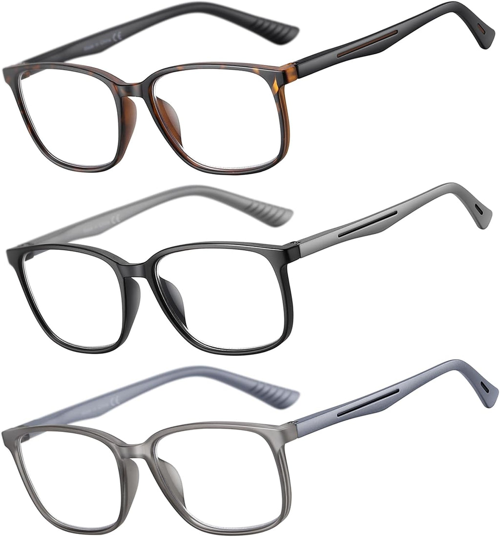 Reading Glasses for Men,3 Pack Blue Light Blocking Readers for men with Comfort Spring Hinge,Large Wide Square Frame Readers,Stylish Computer Eyeglasses(+1.0)