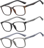Reading Glasses for Men,3 Pack Blue Light Blocking Readers for men with Comfort Spring Hinge,Large Wide Square Frame Readers,Stylish Computer Eyeglasses(+1.0)