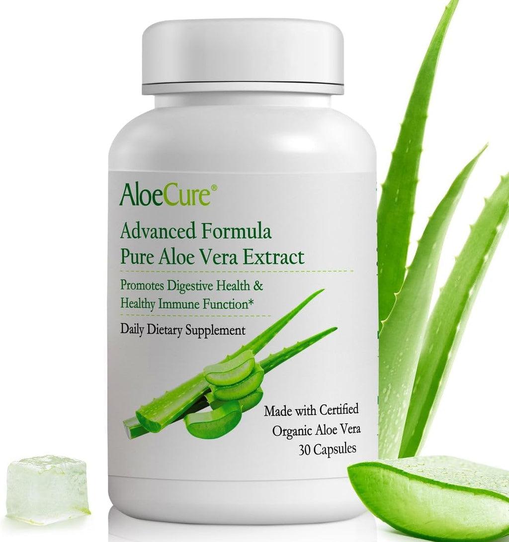 AloeCure Aloe Vera Capsules, Made with Organic Aloe Vera to Gently Support Gut Health & Digestive Comfort, Stomach Acid Buffer, Natural Immune Supplement, Aloin Free, 30ct x 300mg Capsules
