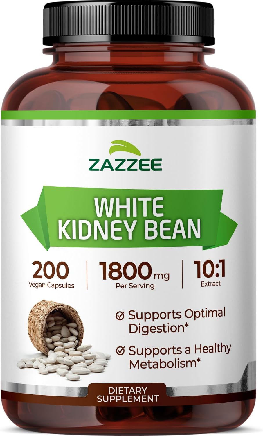 Zazzee White Kidney Bean 10:1 Extract, 1800 mg per Serving, 200 Vegan Capsules, 2+ Month Supply, Phaseolus Vulgaris, Digestive Support, 10X Strength, 100% Vegetarian, Non-GMO, Made in the USA