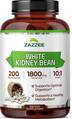 Zazzee White Kidney Bean 10:1 Extract, 1800 mg per Serving, 200 Vegan Capsules, 2+ Month Supply, Phaseolus Vulgaris, Digestive Support, 10X Strength, 100% Vegetarian, Non-GMO, Made in the USA