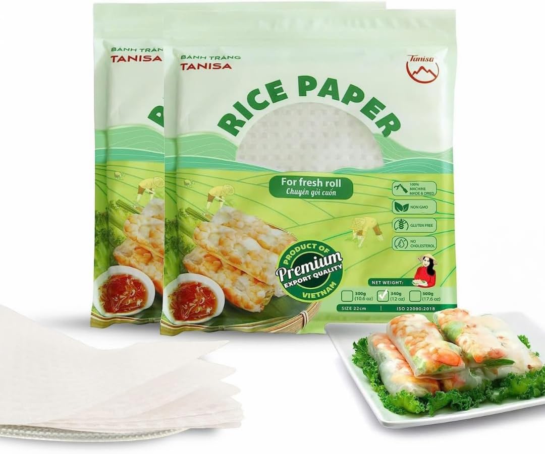 TANISA Square Rice Paper Wrappers for Spring Rolls, 35-38 Sheets (22cm, 12 Oz) – Vietnamese Banh Trang, Gluten Free, Non-Gmo, Vegan – for Fresh Rolls, Summer Rolls, Dumplings