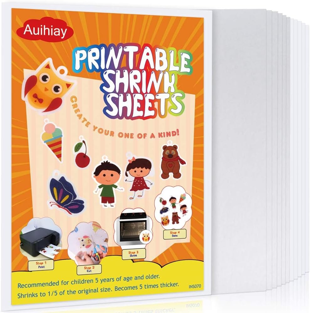 Auihiay 12 Pieces Printable Shrinky Plastic Sheets, Shrink Films Papers for Kids Easter Ornament and Mothers Day Gifts, 6 White and 6 Semitransparent, 8.3 x 11.6 inch / 21 x 29.5 cm