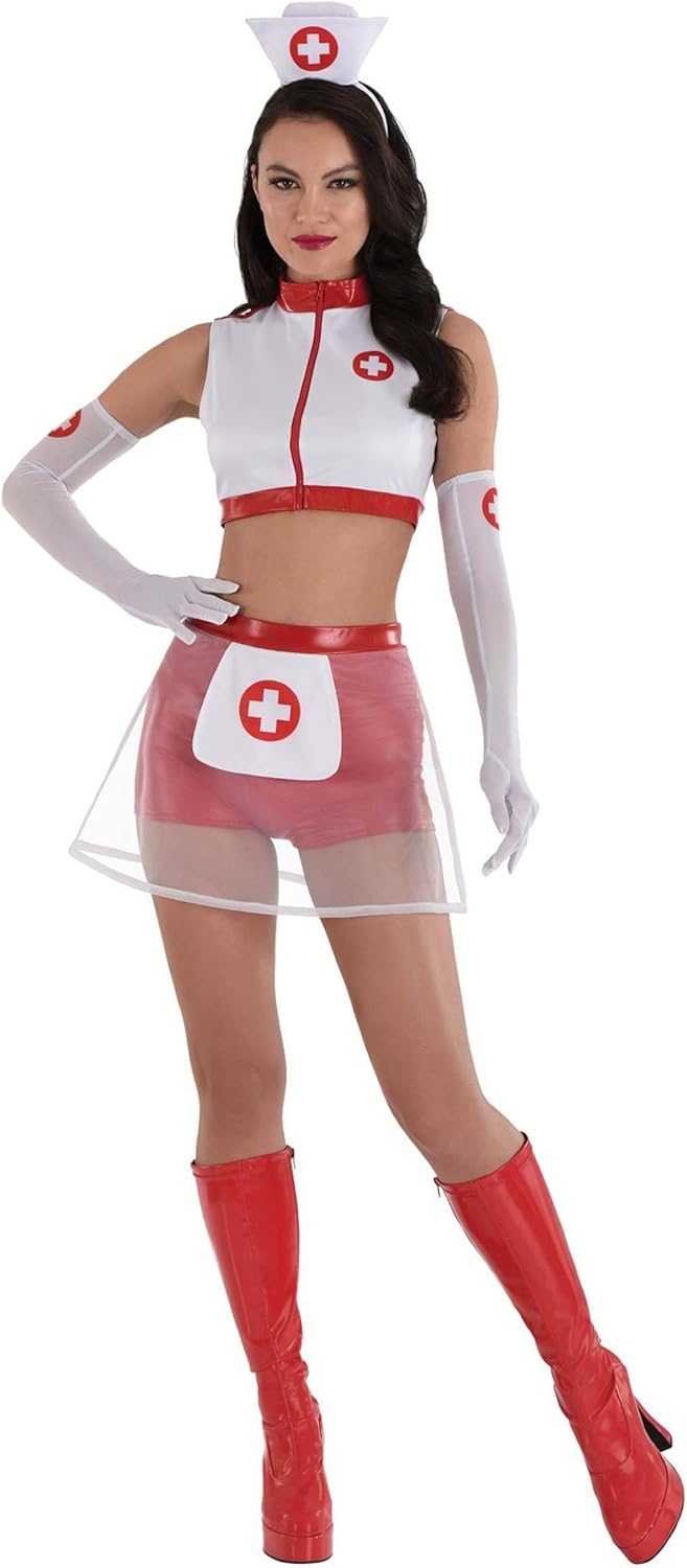 Women's Sexy Night Shift Nurse Costume | Roleplay Outfit Set with Zip Crop Top for Halloween, Parties or Themed Events (Medium)