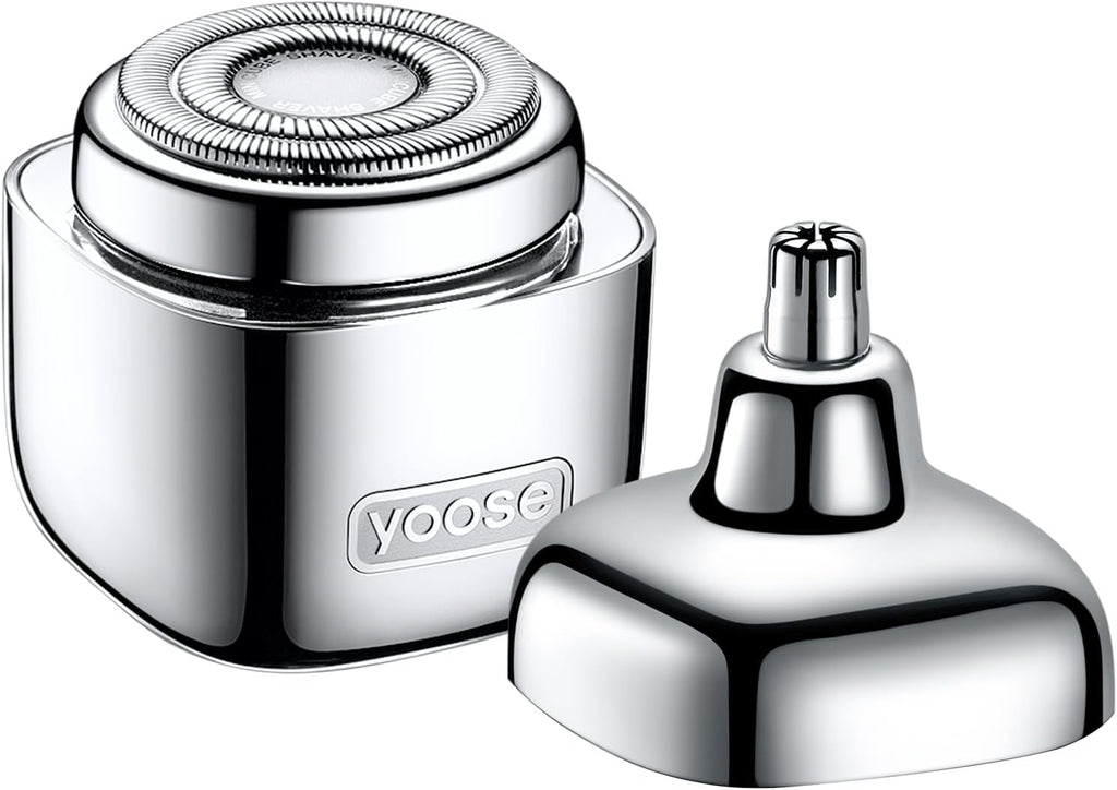 yoose 2-in-1 Grooming Tool for Men – Mini Electric Shaver & Nose Hair Trimmer, Compact & Travel Ready, Full Body Alloy, IPX7 Waterproof, USB-C Rechargeable for Quick Touch-Ups, Silver