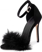 YIBLBOX Women's Feather Heels Open Toe Sandal Fluffy Fur High Heel Shoes Ankle Strap Stiletto Pump for Wedding Party Dance Evening