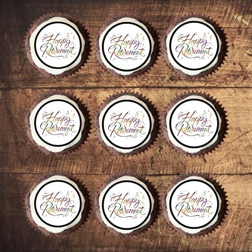 Happy Retirement Edible Cupcake Toppers – Colorful Celebration Designs for Retirement Parties & Milestone Celebrations (PRECUT, Pack of 24-1.5 Inch Discs)