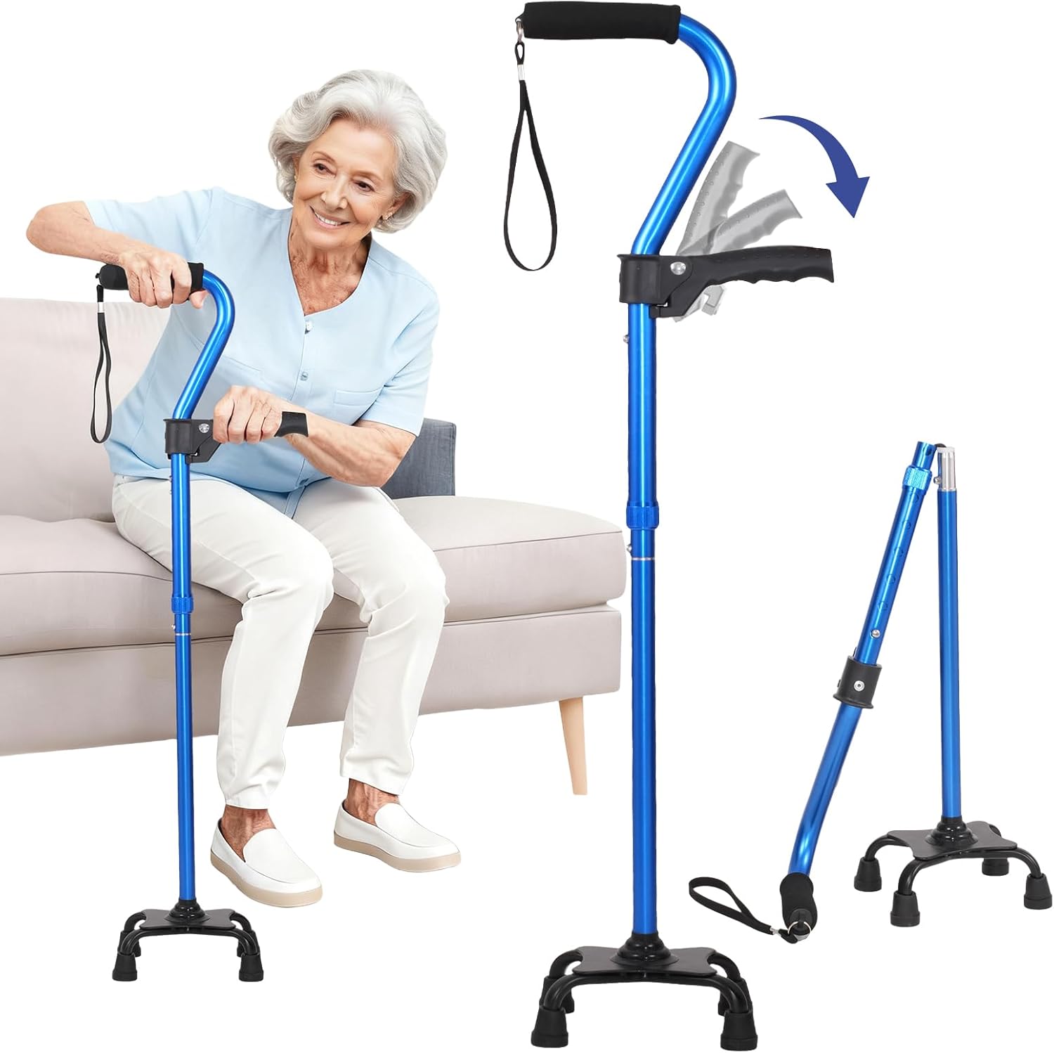 Stand Assist Aid for Elderly - 4-Pronged Stability Cane with Adjustable Foldable Design & Rise Assistance Grip to Reduce Strain When Standing Up