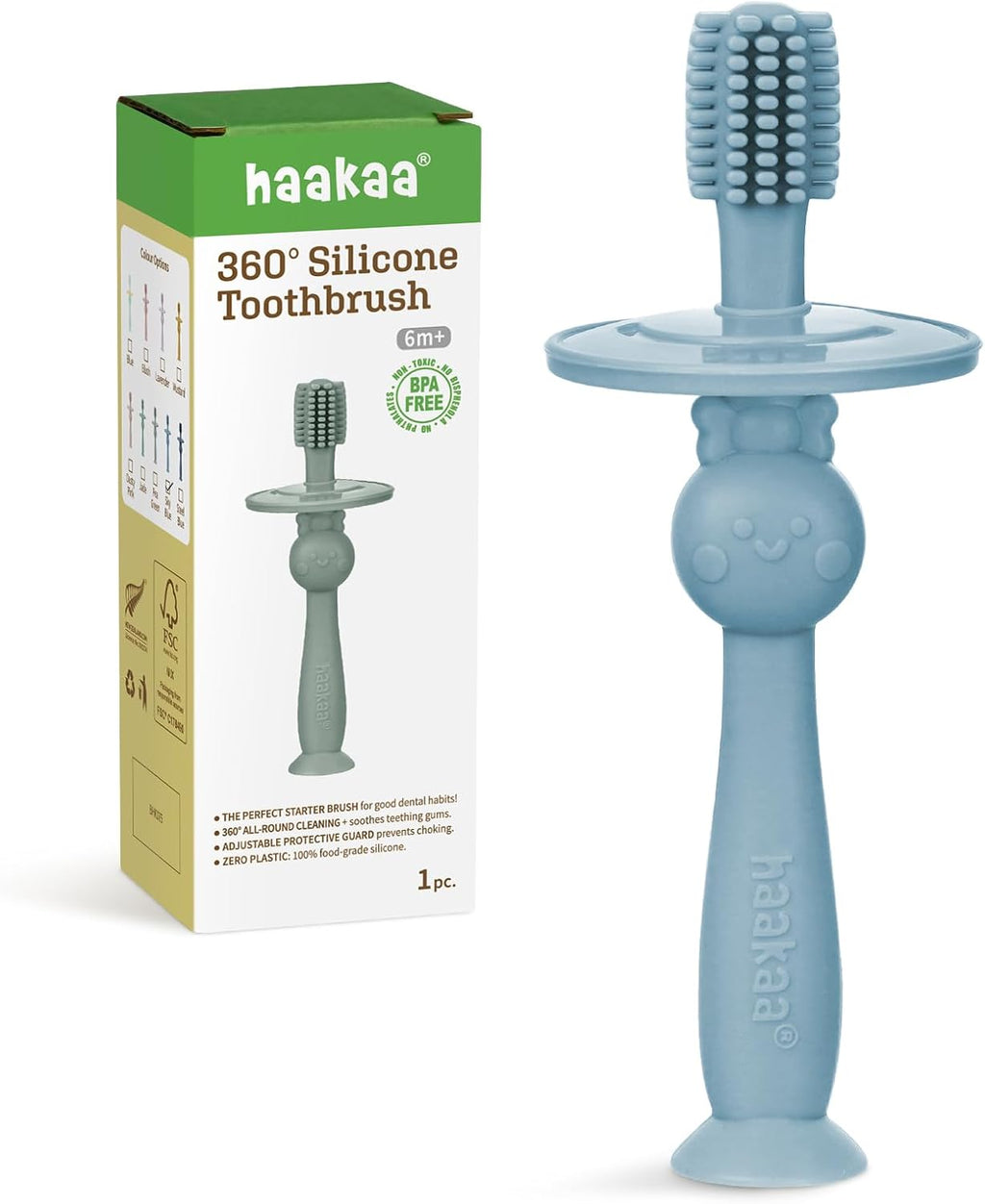 haakaa 360° Baby Toothbrush with Suction Base - Gentle Cleaning for Toddler's Self-Brushing Training, Food-Grade Silicone, Adjustable Safety Shield - Sky Blue (1 Piece)
