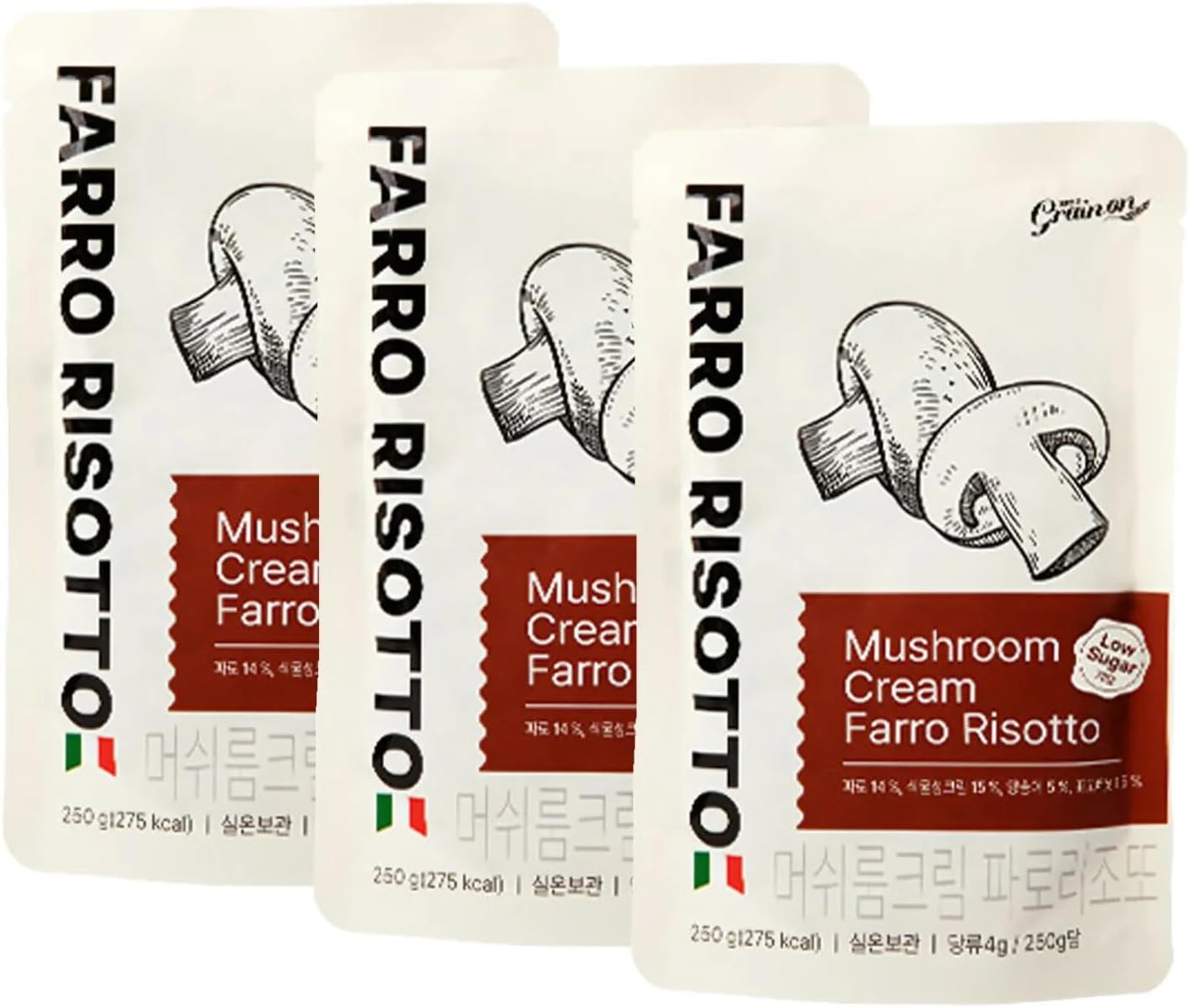GrainOn Mushroom Cream Farro Risotto Fully Cooked 2-Min, Low Sugar, Farro Meal & Rice, 250g / 275 Kcal x 3 Packs for Diet, Blood Sugar Support