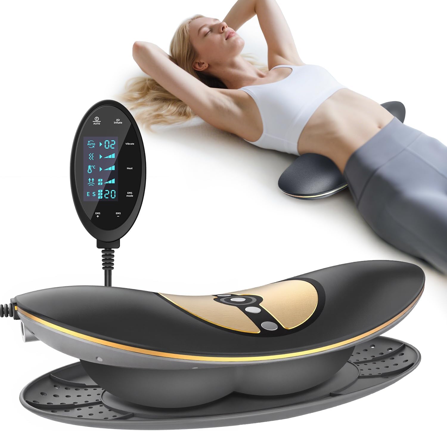Cordless Electric Lumbar Traction Device, 4-in-1 Multifunctional Back Massager for Low Back Pain Relief with Controller, Dynamic Traction, Microcurrent Therapy, Hyperthermia and Vibration (Black)