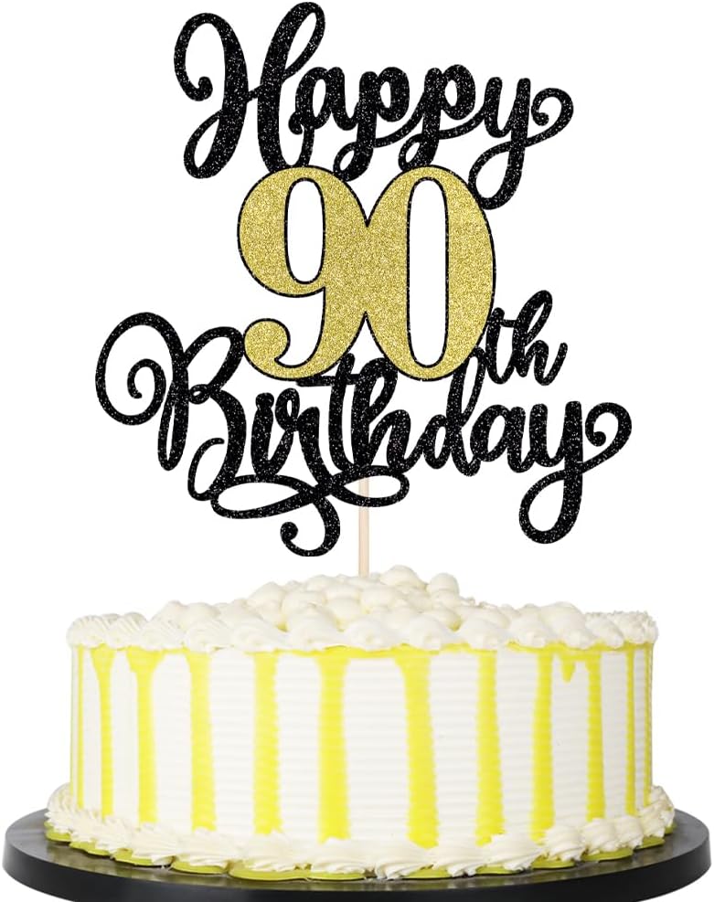 PALASASA Black Gold Happy 90th Birthday Cake Topper- Glitter Cheers to 90 Years Birthday Cake Pick 90 Fabulous Cake Decoration, 90th Birthday/Anniversary Party Cake Decoration