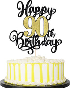 PALASASA Black Gold Happy 90th Birthday Cake Topper- Glitter Cheers to 90 Years Birthday Cake Pick 90 Fabulous Cake Decoration, 90th Birthday/Anniversary Party Cake Decoration