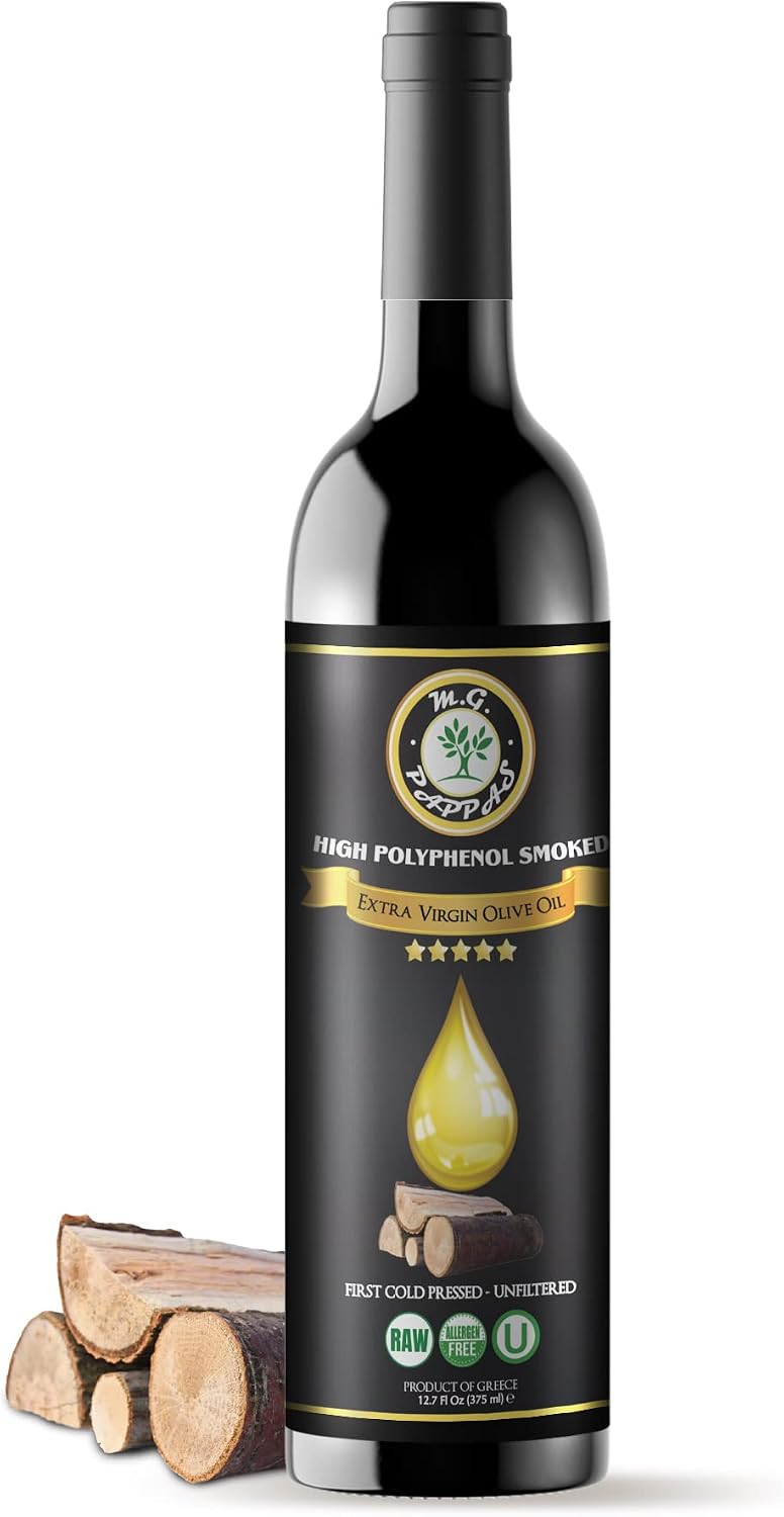 M.G. PAPPAS High Polyphenol Rich Smoked Infused Olive Oil Extra Virgin - Over 500mg/kg- Unfiltered First Cold Pressed Greek EVOO - Award Winning – 12.7 Oz 375ml