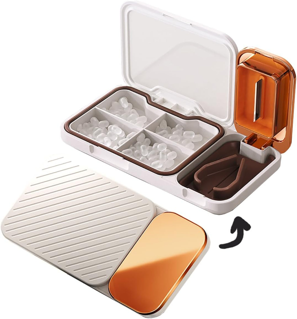 MURRI&MURRDI Pill Organizer with Pill Splitter Cutter, 4 Compartments Small Portable Medicine Case for Purse Pocket, Pill Vitamin Dispenser Holder, White