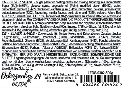 Dekozauber24 Fondant silver, 1.1 LB, for cakes and figurines, slight vanilla taste, fondant icing ready to roll