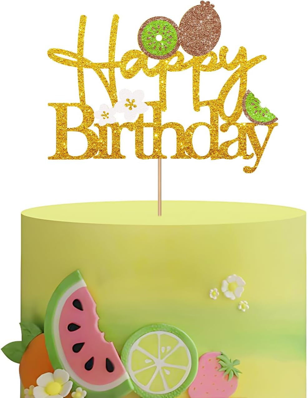 Kiwifruit Happy Birthday Cake Topper, Summer Fruit Cake Decor, Gold Glitter Sweet Fruit Kiwi Cake Topper for Kids Birthday, Tropical Hawaiian Themed Baby Shower Party Decoration