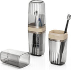 Toothbrush Travel Case, Large Enclosed Toothbrush and Toothpaste Holder Travel Container with Rinse Cup, Portable Bathroom Tooth Brush Storage Case Cover Protector for Traveling, Clear Grey