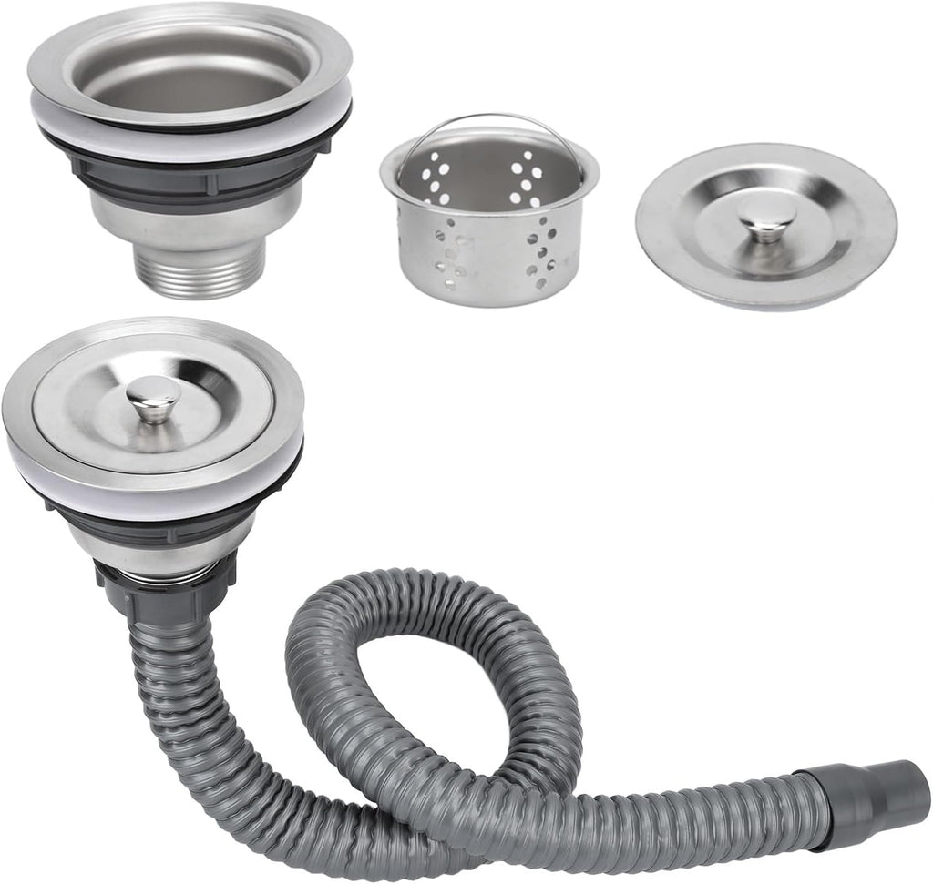 Stainless Steel Sink Drain Strainer Assembly with Flexible Hose - Salon Shampoo Bowl Drain Kit with Deep Hair Catcher Basket & Stopper - Fits 3.1" to 3.5" Sink Openings