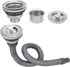 Stainless Steel Sink Drain Strainer Assembly with Flexible Hose - Salon Shampoo Bowl Drain Kit with Deep Hair Catcher Basket & Stopper - Fits 3.1" to 3.5" Sink Openings