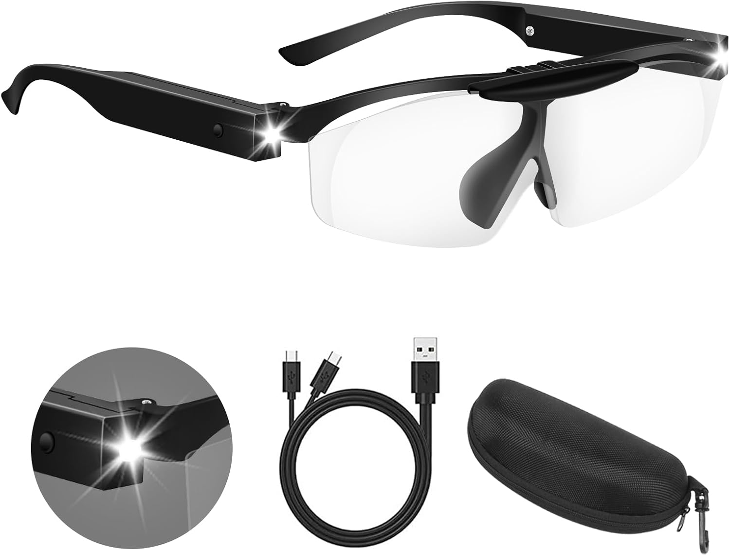 200% Magnifying Glasses with Light, Rechargeable LED Lighted Magnifying Eyewear,Flip-top Hands Free Head Magnifier Eyeglasses for Close Work,Hobbies,Reading,Craft,Jewellery,Sewing Black