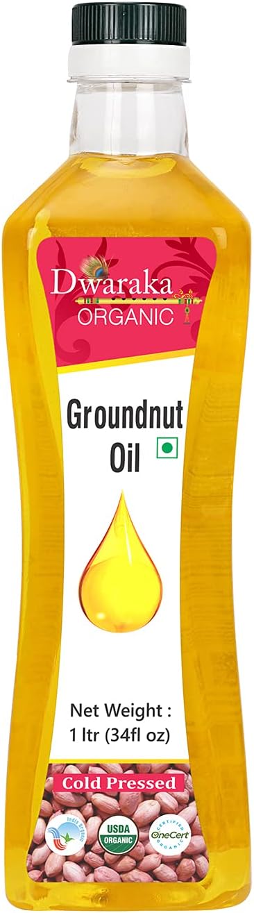 Dwaraka Organic - Cold Pressed Peanut Oil, 1L, 33 Fl Oz, Groundnut Oil, Healthy, Organic, Non GMO, All Natural