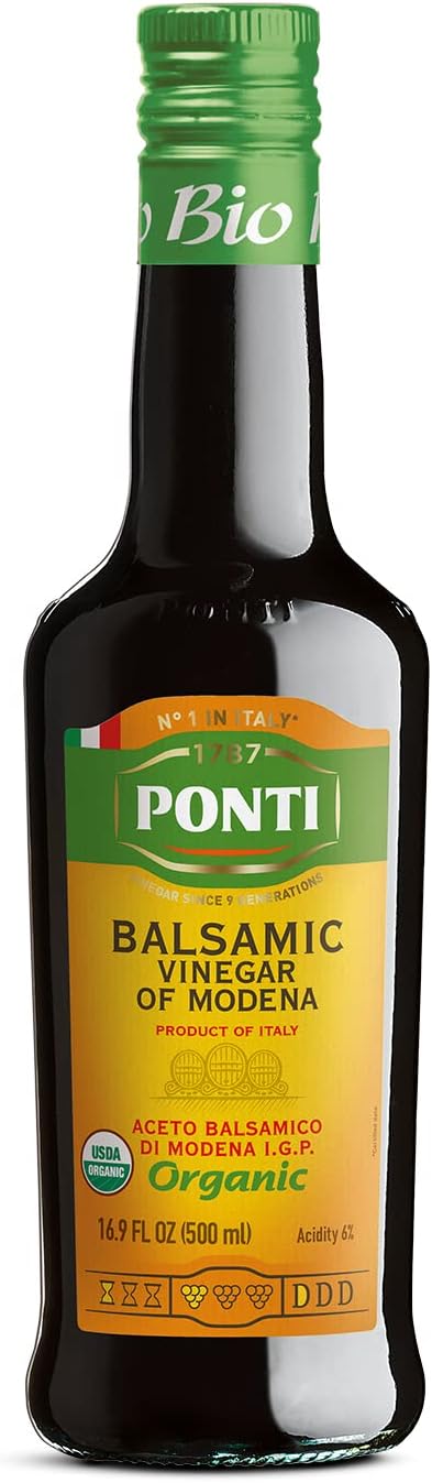 Ponti Organic Balsamic Vinegar of Modena 16.9oz (500ml) - Italian Gluten Free Vegan Dressing Vinaigrette with Concentrated Master Chef Wine Vinegar Low Carb Food Gifts Condiments Cooked Grape