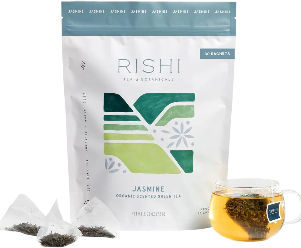 Rishi Tea Jasmine Chinese Green Tea - Organic Sachet Bags, Caffeinated with Floral Aroma & Taste - 30 Count