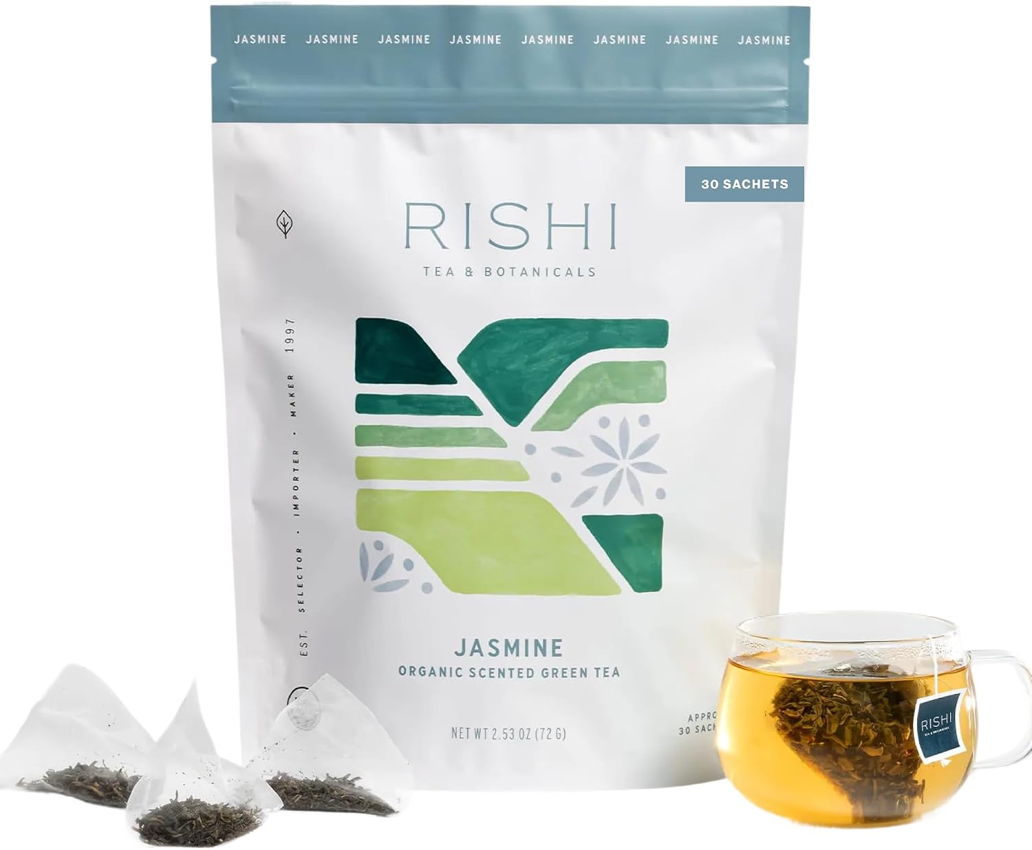 Rishi Tea Jasmine Chinese Green Tea - Organic Sachet Bags, Caffeinated with Floral Aroma & Taste - 30 Count