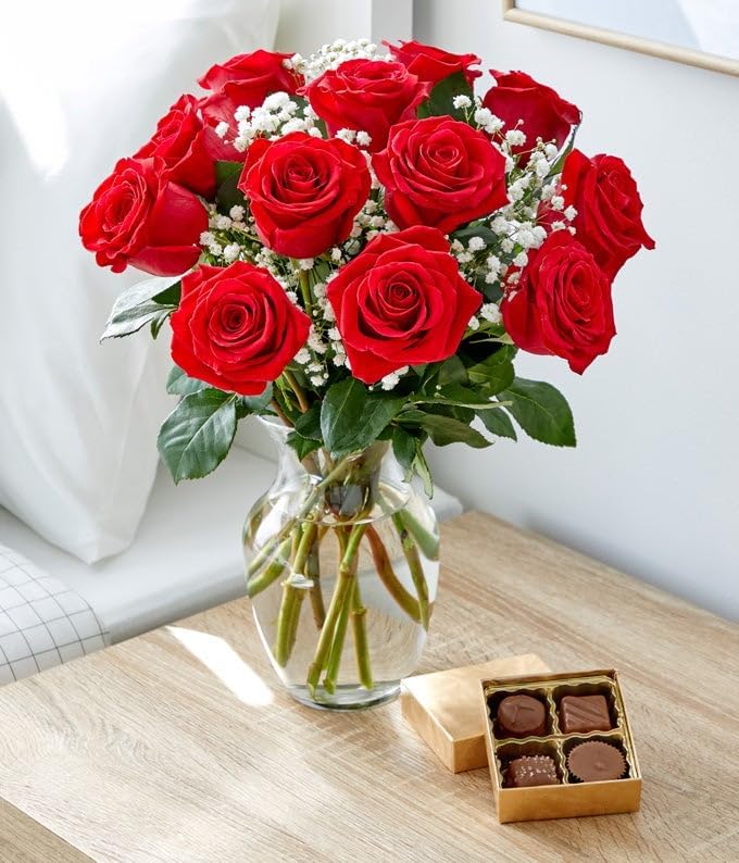 From You Flowers - One Dozen Red Roses with Chocolates with Glass Vase | Fresh Flower Bouquets for Birthday, Anniversary, Get Well or Celebration