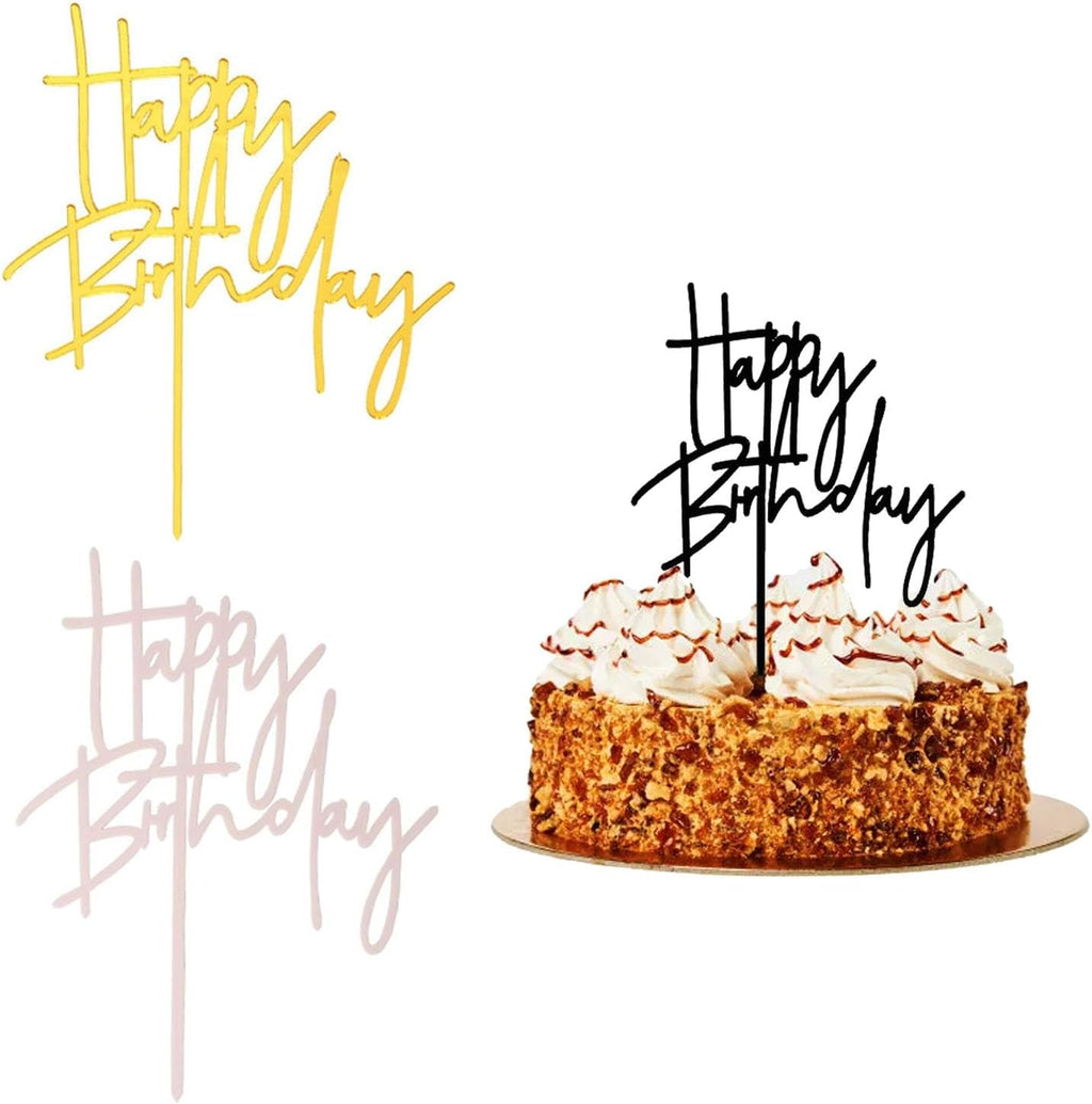 3 PCS Happy Birthday Acrylic Birthday Cake Toppers Decoration DIY Birthday Party Perfect Keepsake(Black,Gold,Pink）