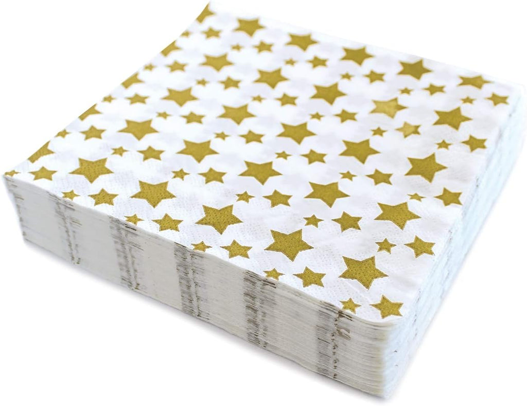 Gold Star Luncheon Napkins Paper Decorative Print 6.5 Inch Napkin Disposable for Lunch Party, Dinner Buffet, Wedding & Birthday Parties & New Years Eve Celebration Decoration 40 Count
