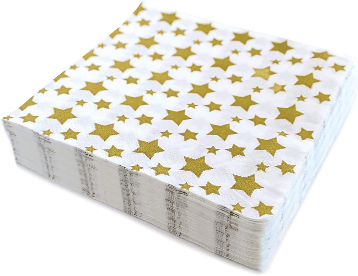 Gold Star Luncheon Napkins Paper Decorative Print 6.5 Inch Napkin Disposable for Lunch Party, Dinner Buffet, Wedding & Birthday Parties & New Years Eve Celebration Decoration 40 Count