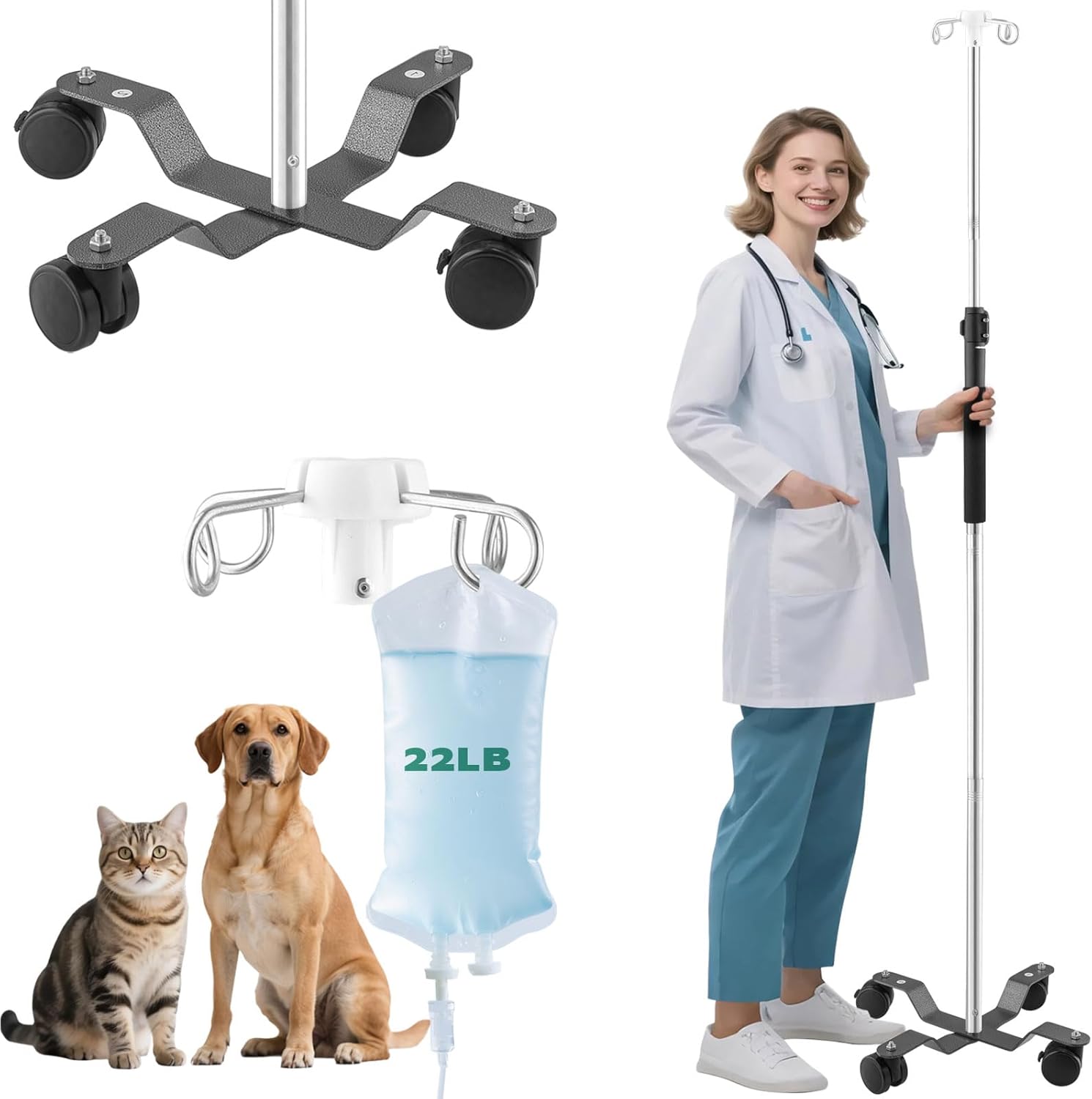 IV Pole with Wheels,48 to 95In Portable IV Floor Stand with 4 Hooks IV Bag Holder Stand Telescopic Feeding Pump Stand Stainless Steels Pipe Extension Pole IV Influsion Pole (48-95in)