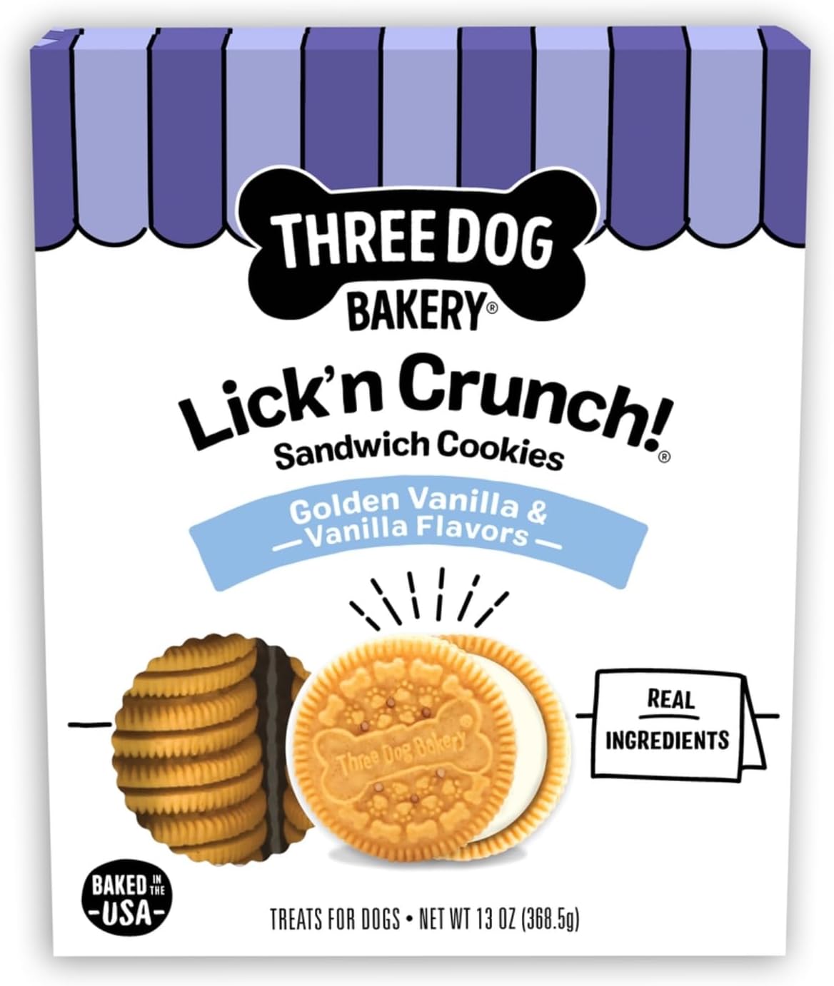 Three Dog Bakery Lick'n Crunch! Golden & Vanilla Sandwich Cookies, Dog Treat, Puppy Cookies with Real Ingredients, Dog Birthday Treat, Training Reward