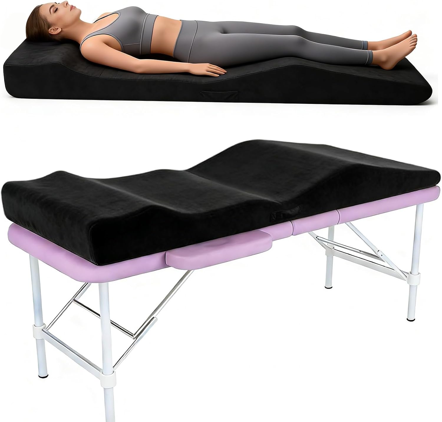 Lash Bed Topper, Ergonomic Curvy Massage Bed Topper Esthetician Bed Cushion, Non-Slip Spa Table Memory Foam Pad with Removable Cover, Ideal for Facials, Eyelash & Beauty Salon, 71"×28" Black